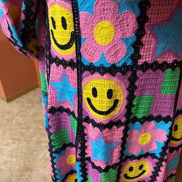 Colorful Crochet Cardigan dusterwith Smiley Faces. Smile all day!! - Picture 3 of 16